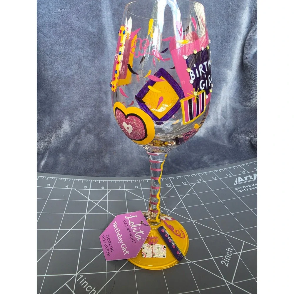 Lolita Love My Wine Birthday Girl Hand Painted Wine Glass with Recipe NWT 9in